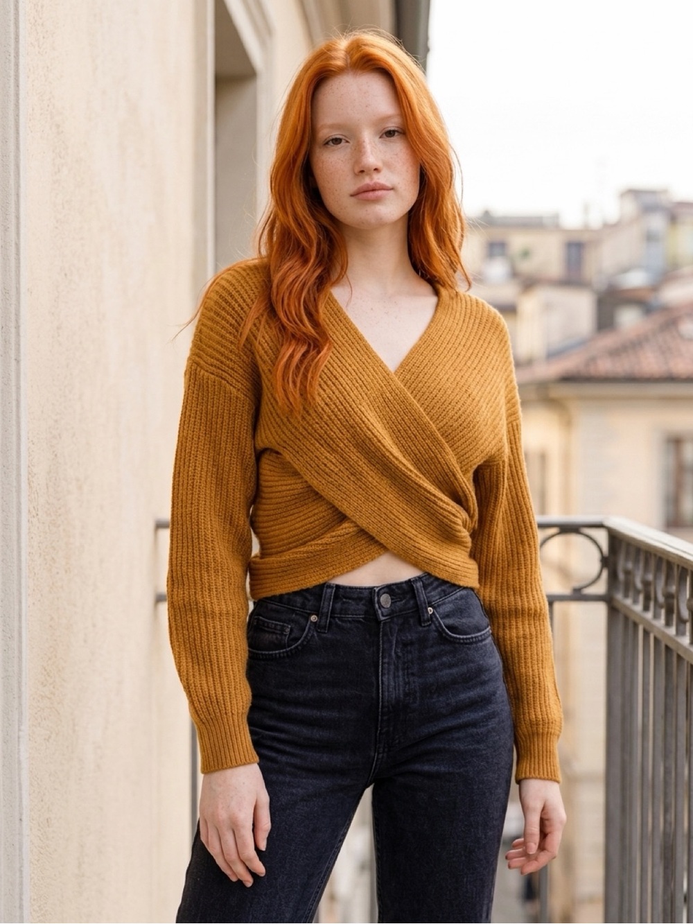 Crisscross Ribbed Knit Crop Sweater in Caramel